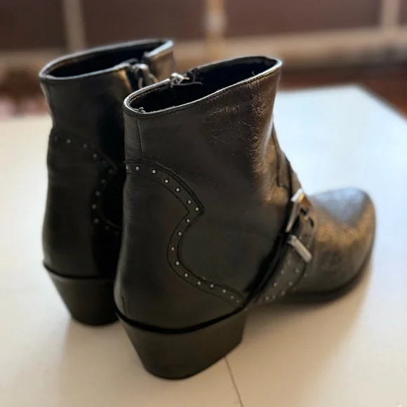 ZARA Black Leather Studded Western Ankle Boots Biker Rock Goth Grunge Booties - Picture 5 of 6